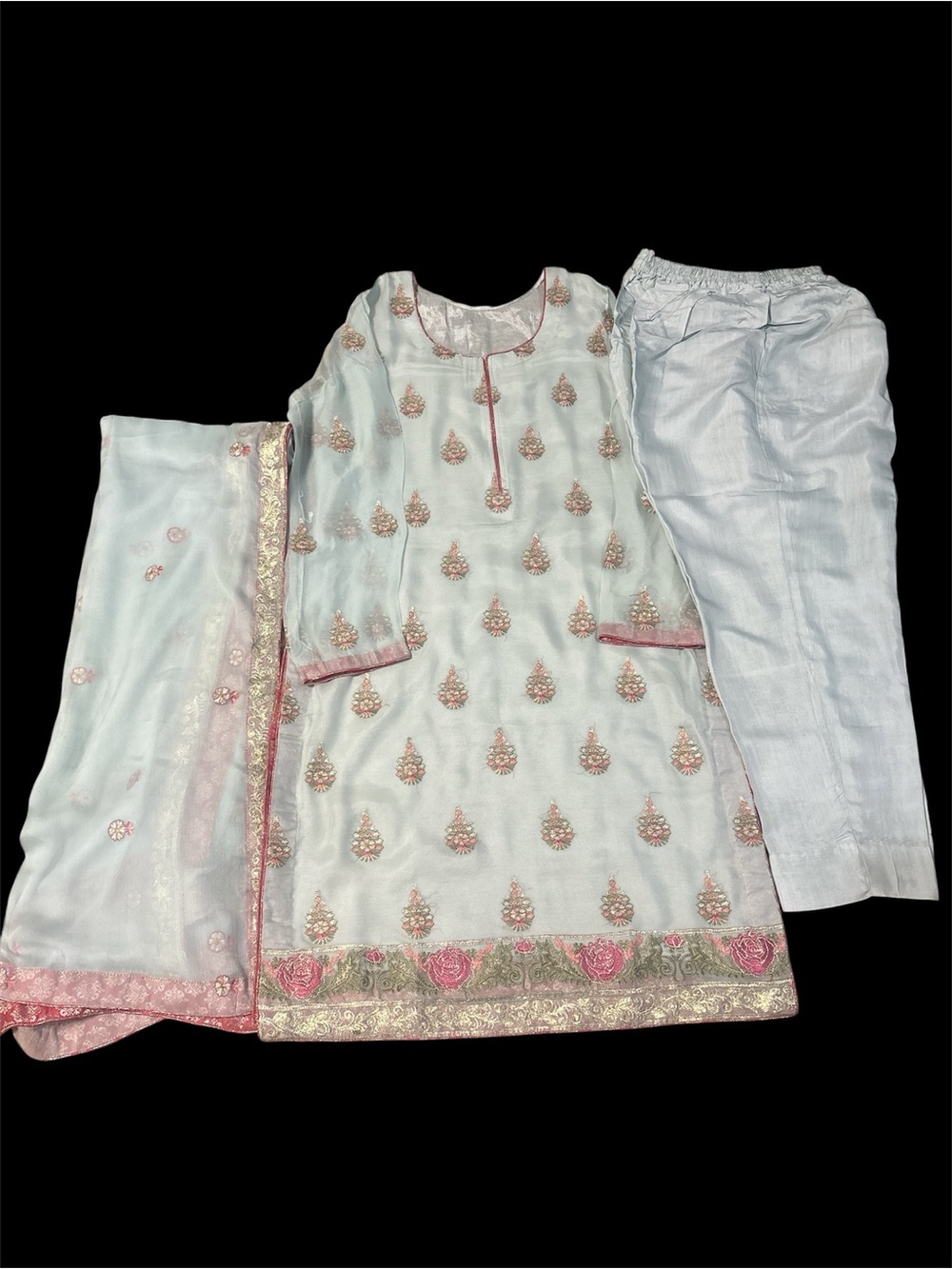 Light gray & Pink Embroidered shirt dopata & trouser